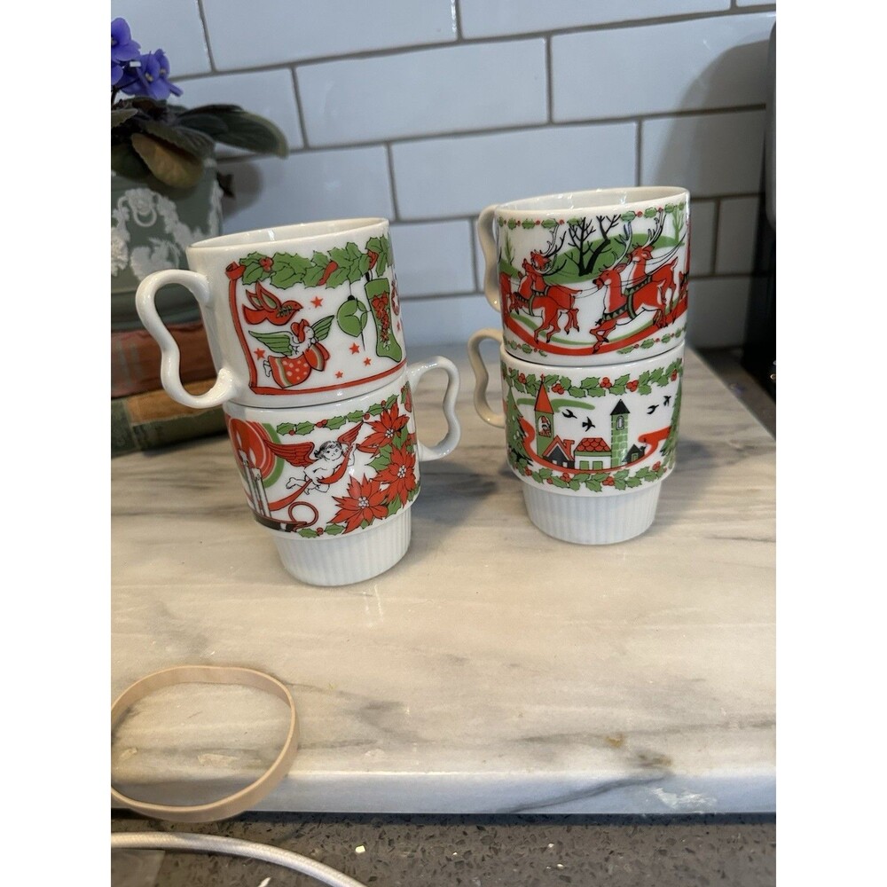 Set of 4 Vintage Mid Century Stacking Christmas Mugs Trimont Ware Japan - Picture 7 of 12